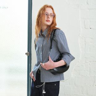 女2026春休闲宽松纯棉衬衣 衬衫 714street美式 复古蓝白小格纹长袖