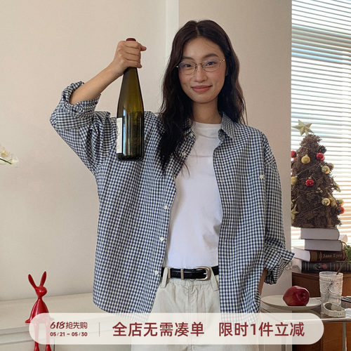 714street复古蓝白格纹衬衫