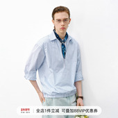 男2026春季 714street深V领条纹假两件长袖 衬衫 半开襟微宽落肩衬衣