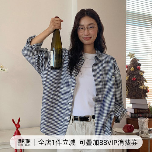 714street复古蓝白格纹衬衫