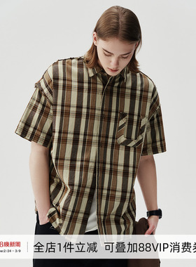 714street潮牌男女格纹短袖衬衫2024夏季新款上衣日系复古衬衣