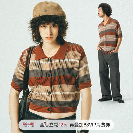 714street潮牌男女短袖衬衫2024夏季新款镂空针织开衫翻领T恤