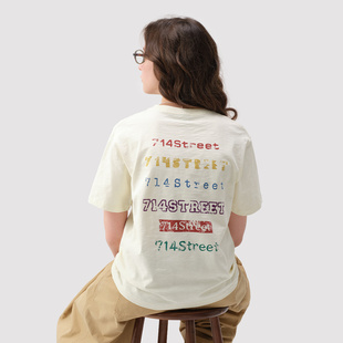 情侣装 714street夏季 T恤男新款 复古纯棉竹节纹理文字印花短袖 美式