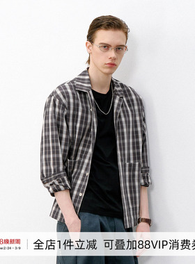 714street复古渐变格子长袖衬衫男2026春季短宽boxy版型纯棉衬衣