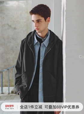 714street高端线BEHALF 弧型口袋 层次抽皱 绒面极简开衫连帽卫衣