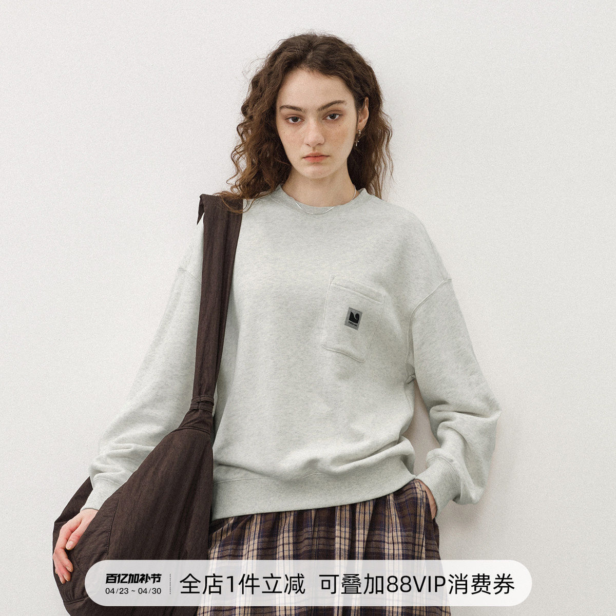 714street国潮宽松落肩口袋抓绒卫衣男2025秋冬新款情侣装长袖T恤