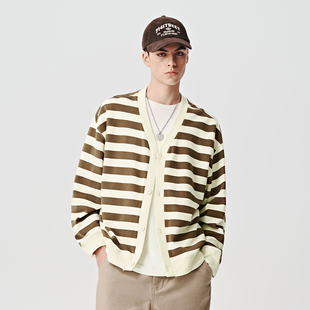 宽松外套休闲长袖 新款 上衣 男2024季 714street秋冬条纹V领针织开衫