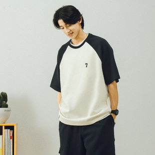 情侣装 t恤男潮牌夏装 休闲重磅体恤 复古华夫格短袖 714street美式