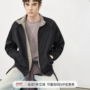 714street美式复古哈灵顿夹克2025秋冬千鸟格纹拼接加绒厚外套男