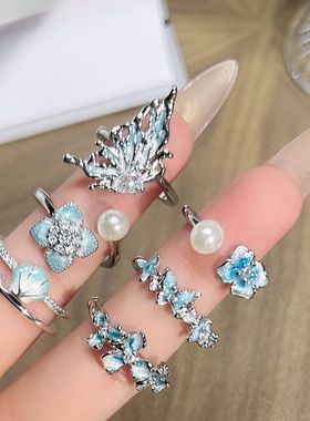 小众ins清冷感海蓝渐变蝴蝶花朵开口戒指女珍珠时尚叠戴轻奢指环