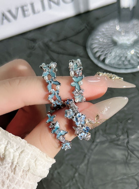 蓝蝶密语仙女风蓝调蝴蝶花簇叠戴时尚开口戒指女简约潮流个性指环