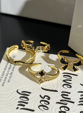 法式复古高级感暗黑珐琅蝴蝶结时尚开口戒指女ins冷淡风叠戴指环