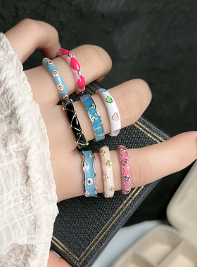 气质中古风珐琅滴釉花朵简约开口戒指女爱心小众ins叠戴百搭指环