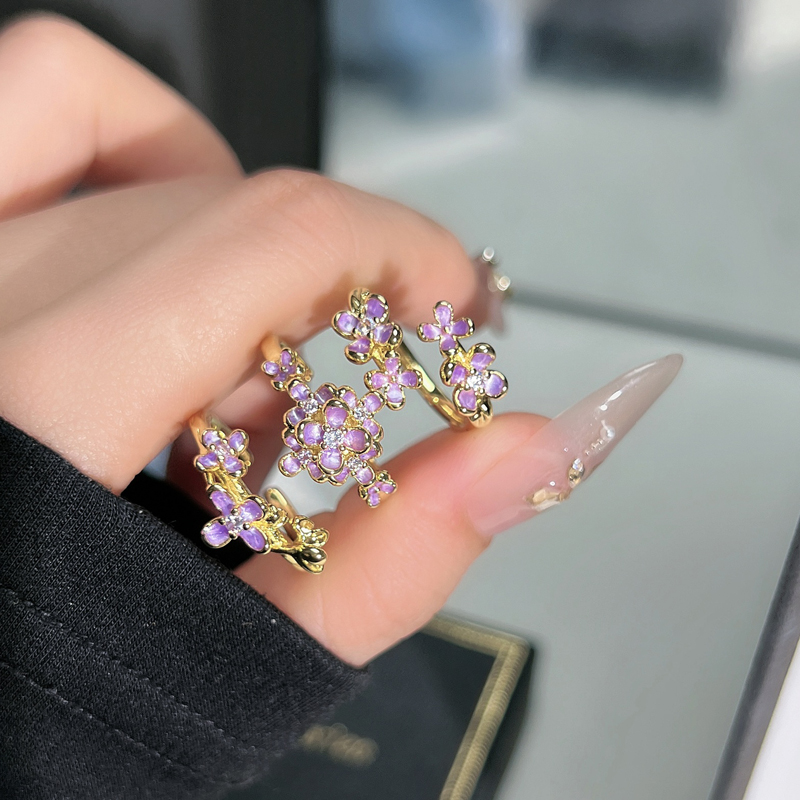 超仙紫罗兰鸢尾花气质油画风精致戒指女小众轻奢甜美花朵组合指环