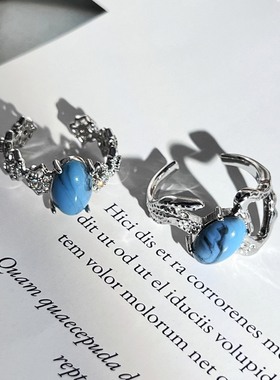 欧美ins绿松石不规则肌理戒指女蛋面朋克个性百搭潮酷小众食指戒