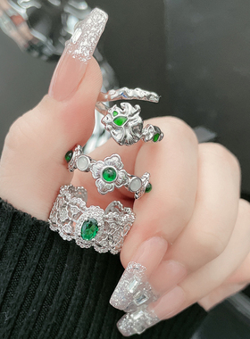 小众高级感宫廷风镂空拉丝复古开口戒指女ins冷淡风仿祖母绿指环