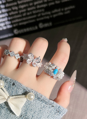 法式爆款蓝色海纹石珍珠轻奢开口戒指女银色蝴蝶满钻气质百搭指环