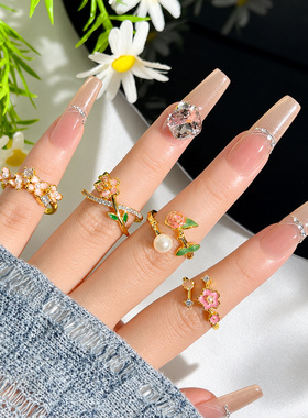 山野花语金色粉花桂花戒指女绿叶玫瑰贝珠开口法式轻奢小众食指戒