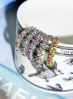 新款高级感彩色锆石交叉万花筒时尚戒指女跨境爆款简约气质食指戒