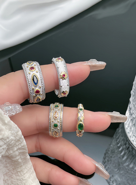 中古宫廷风拉丝工艺高级感复古蕾丝开口戒指女时尚精致小众食指环