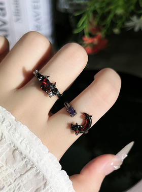 潮酷黑羽翼个性暗红月牙星芒时尚开口戒指女中性风朋克小众食指戒