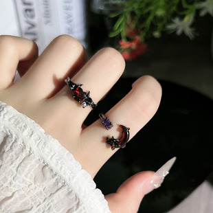 潮酷黑羽翼个性暗红月牙星芒时尚开口戒指女中性风朋克小众食指戒