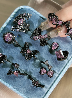 粉钻迷蝶甜酷暗黑风荆棘爱心蝴蝶开口戒指女小众设计感潮搭食指戒