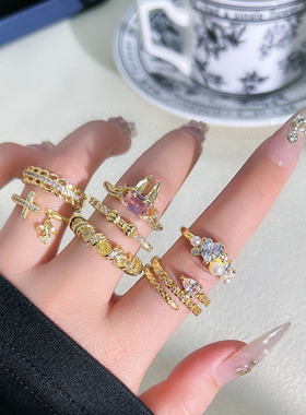 韩版潮流混搭气质甜酷几何微镶开口戒指女轻奢高级感冷淡风食指戒