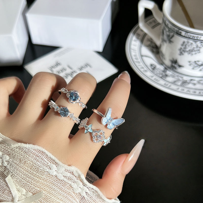 新品韩系ins冰蓝碎钻蝴蝶四叶草轻奢开口戒指女简约时尚叠戴指环图片
