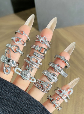 轻奢微镶满钻锆石皮带扣回形针个性戒指女ins冷淡风高级感食指戒