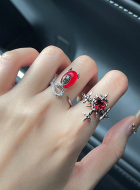 小众设计叠戴红色十字架荆棘蛇形开口戒指饰品个性复古朋克食指戒