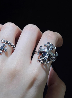 欧美小众设计复古朋克十字架镶钻潮酷开口戒指女暗黑风情侣食指环