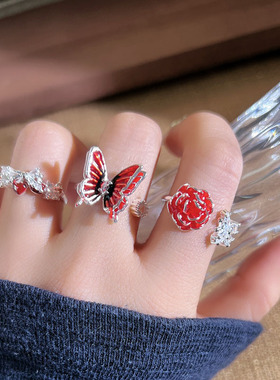 甜酷红色显白渐变蝴蝶玫瑰气质开口戒指女辣妹减龄冷淡风时尚指环