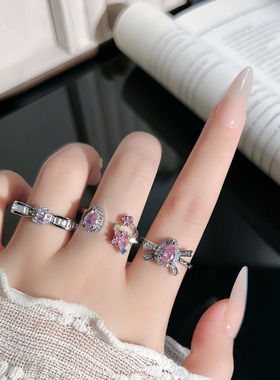 设计师款甜美爆闪立体蝴蝶结水滴粉钻戒指女轻奢冷淡风小众食指戒