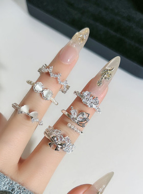 简约蕾丝花边月光石爱心蝴蝶结戒指女冷淡风小众轻奢甜美气质指环