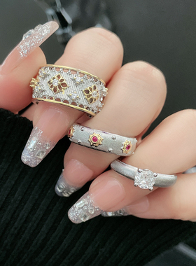 新中式国潮复古拉丝分色开口戒指女中古宫廷风时尚气质高级感指环