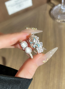 韩系甜美猫眼珍珠蝴蝶结气质轻奢开口戒指女潮小众极简高级感指环