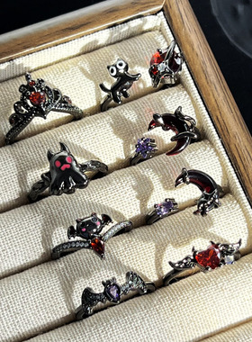 血色月光暗黑哥特少女风幽灵蝙蝠造型开口戒指小众潮酷中性风指环