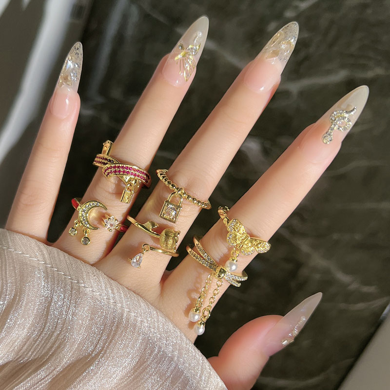 新中式复古轻奢多元素流苏金锁吊坠时尚开口戒指女小众设计感指环