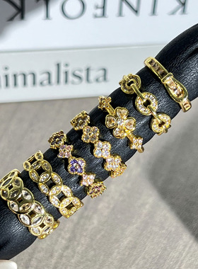 混搭多元素满钻四叶草铜钱轻奢开口戒指女欧美冷淡风时尚小众指环