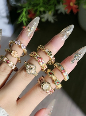 轻奢花笺宫廷风甜酷珐琅彩色花朵戒指女小众设计感叠戴时尚食指戒