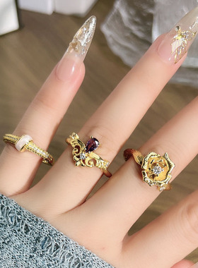 vintage法式公主风拉丝加冕皇冠水滴紫钻戒指女时尚花朵百搭指环