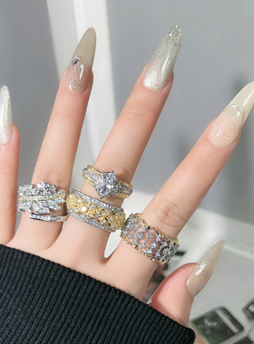 春季新款双色重工满钻复古开口戒指女轻奢高级感宫廷风气质食指戒