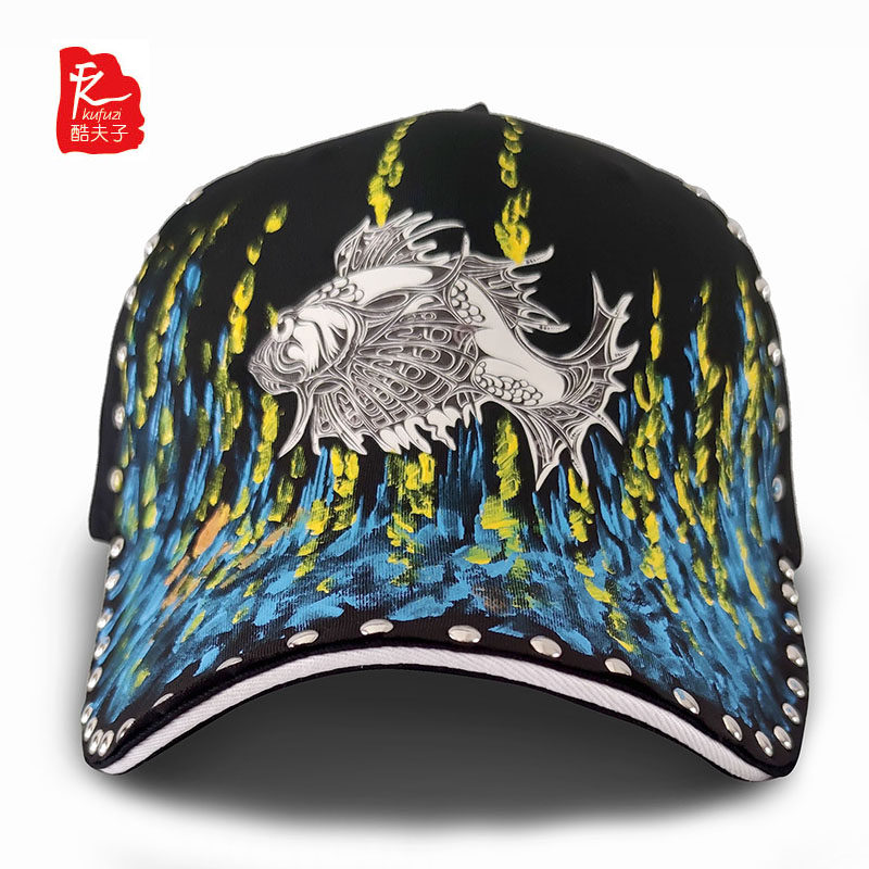 帽子彩绘棒球帽鱼图案时尚青年鸭舌帽铆钉手绘黑色出游遮阳韩版帽