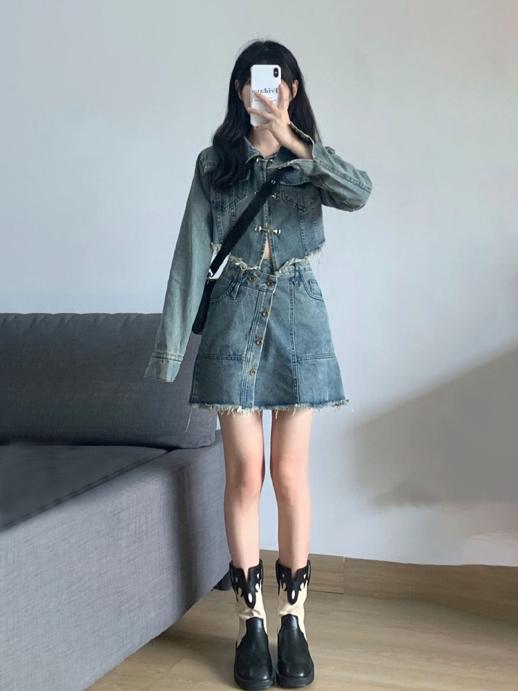 핫 소녀 패션 정장 여성 봄 가을 복고풍 하이 엔드 데님 재킷 스커트 탑 투피스 세트 스트리트웨어
