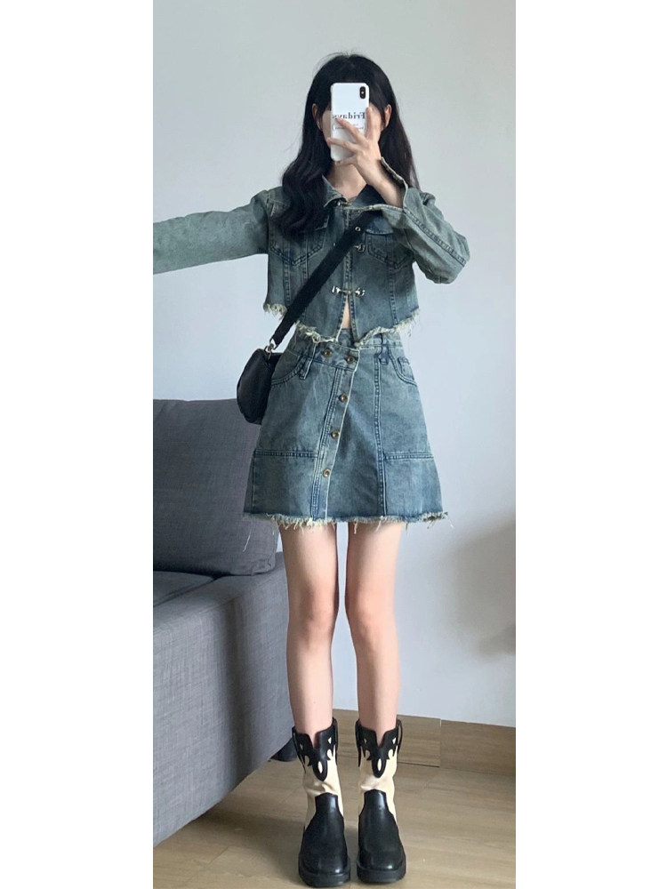 핫 소녀 패션 정장 여성 봄 가을 복고풍 하이 엔드 데님 재킷 스커트 탑 투피스 세트 스트리트웨어