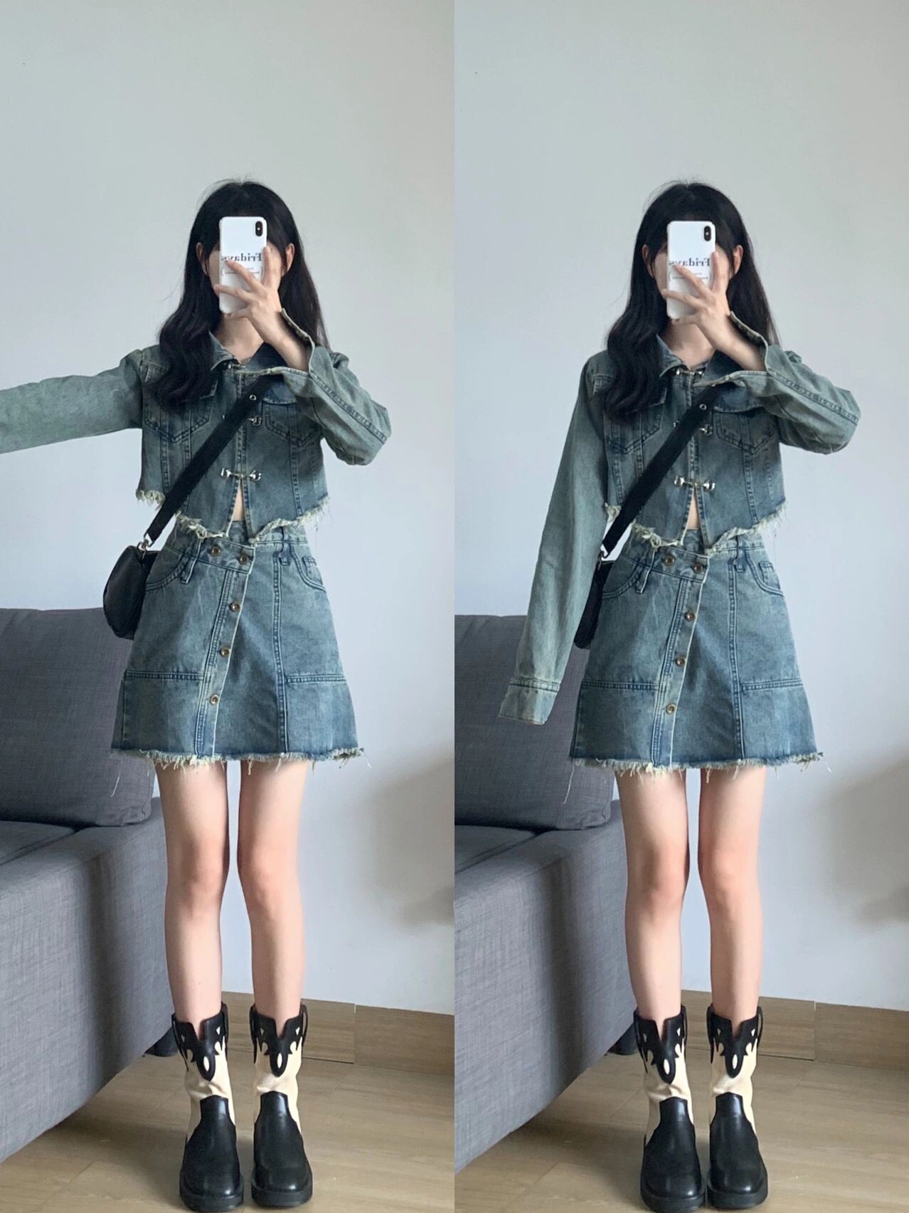 핫 소녀 패션 정장 여성 봄 가을 복고풍 하이 엔드 데님 재킷 스커트 탑 투피스 세트 스트리트웨어