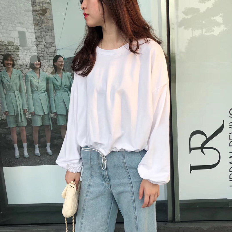 2026年短款白色t恤女春季韩版宽松显瘦纯棉长袖上衣学生圆领体恤