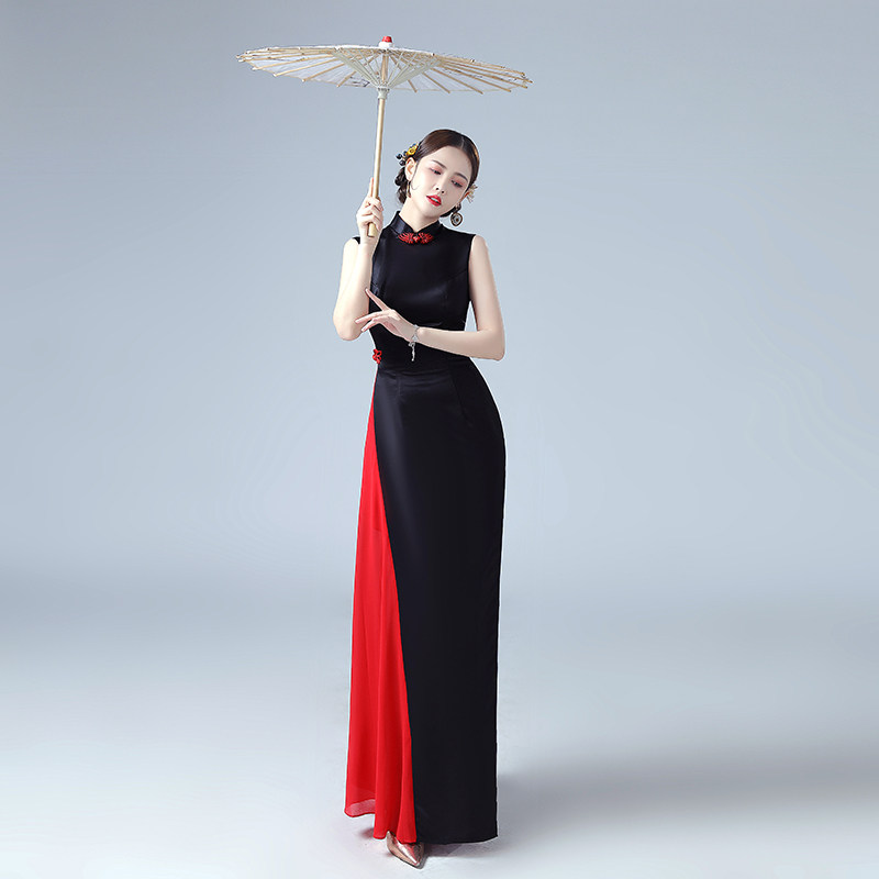 走秀改良旗袍2025新款舞台黑色演出服中式复古修身舞蹈长款连衣裙
