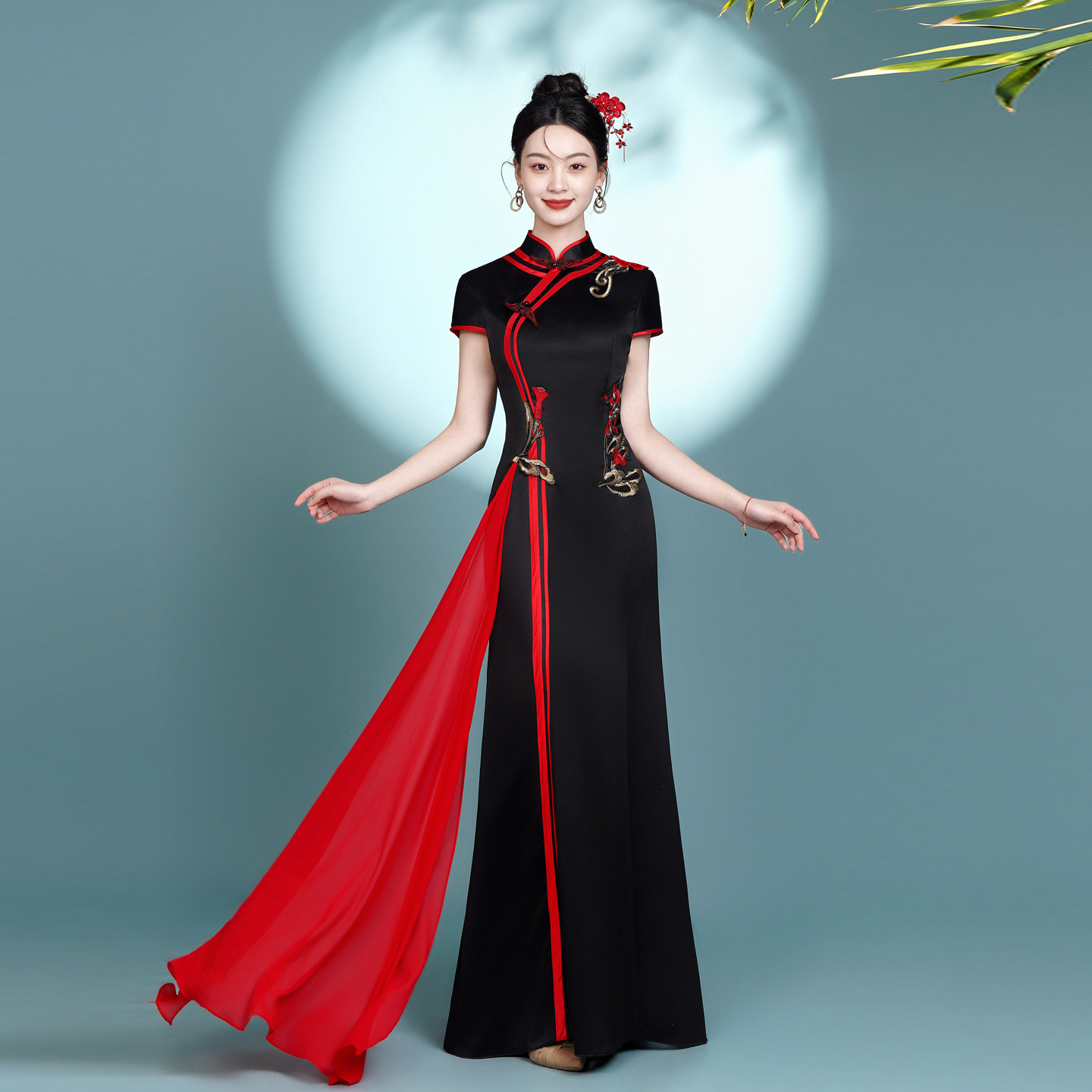 改良新中式黑色显瘦旗袍晚礼服